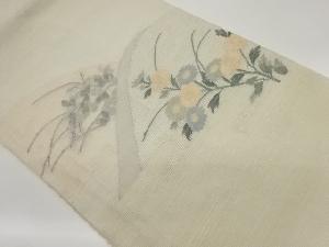 紗紬銀通し山に花葉・草花模様織出し袋帯